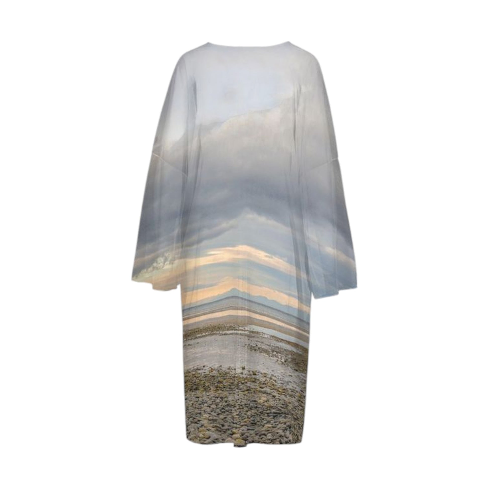 Back side All over print long sleeve kimono featuring a image of Miracle Beach on Vancouver Island.