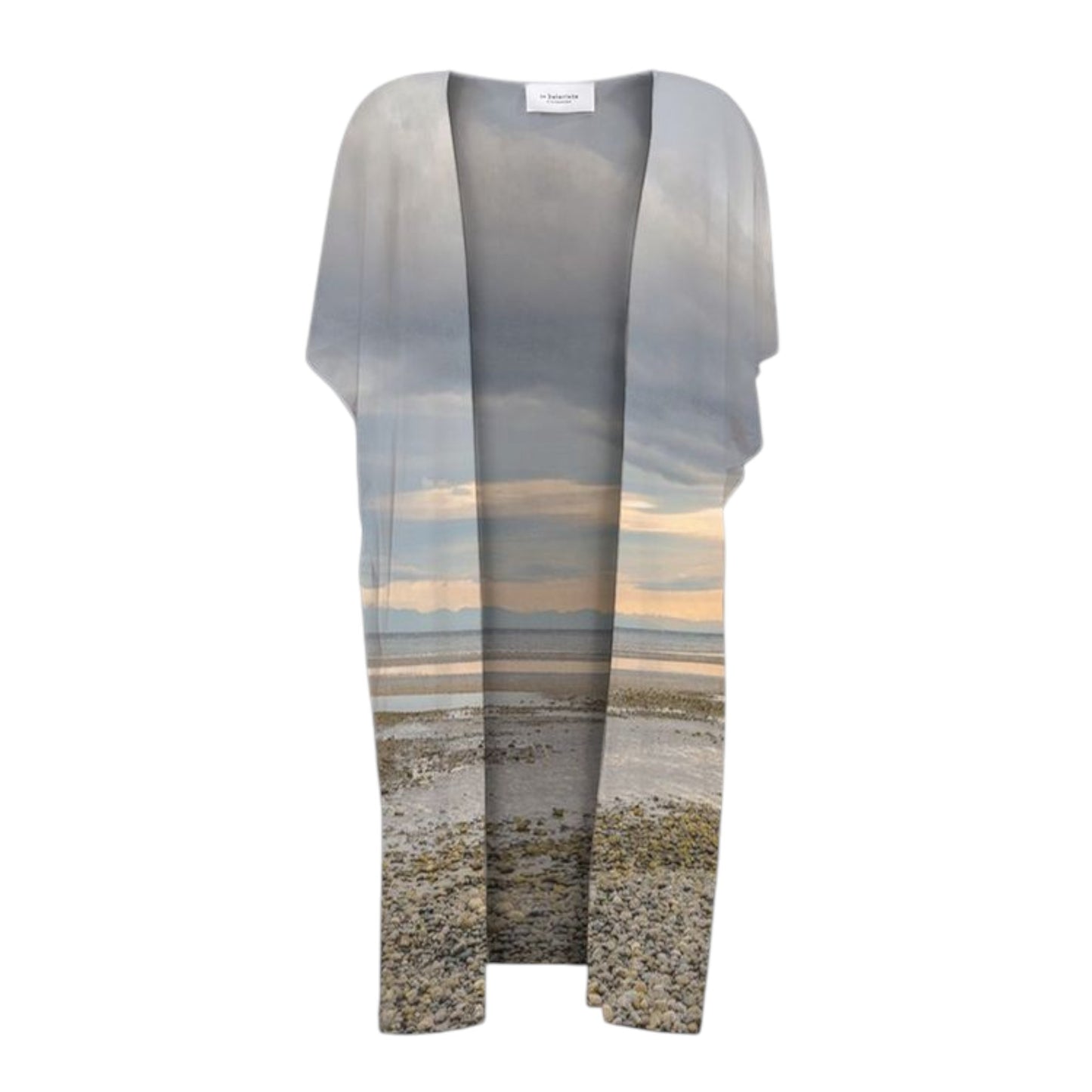 All over print short sleeve kimono wrap featuring a image of Miracle Beach on Vancouver Island.