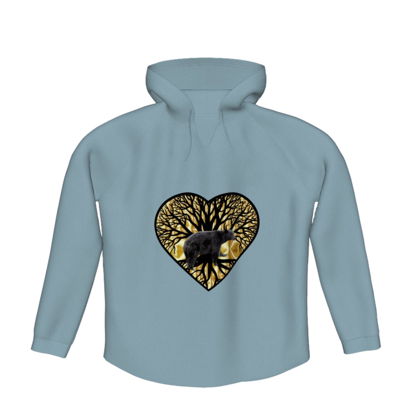 Bear Heart Flow Pullover Hoodie. The image is of a heart with a tree of life and a bear on a gold background.