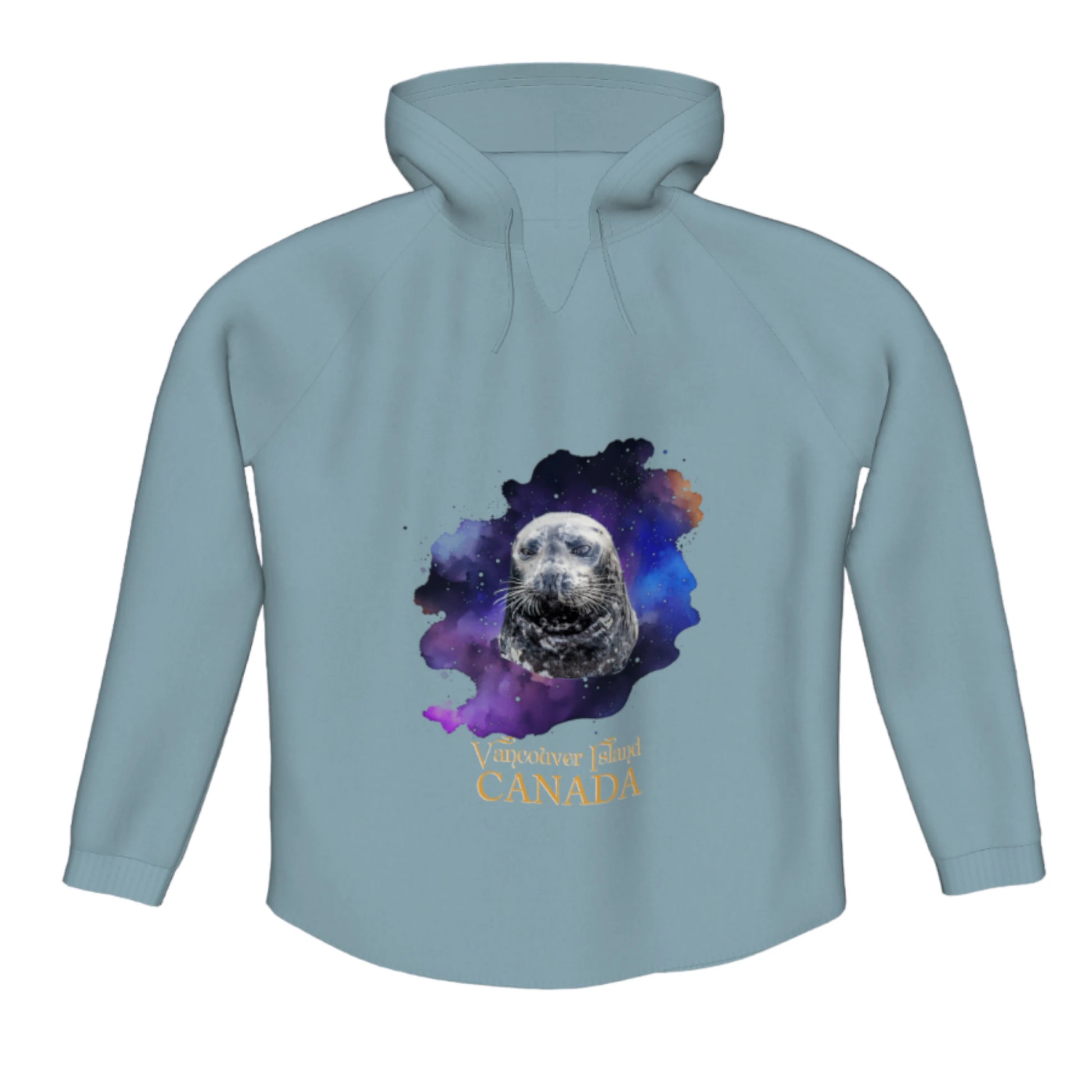 I Love Lucy Vancouver Island Canada Flow Pullover Hoodie. The image is of a harbour seal with a colourful abstract background. the words read Vancouver Island Canada