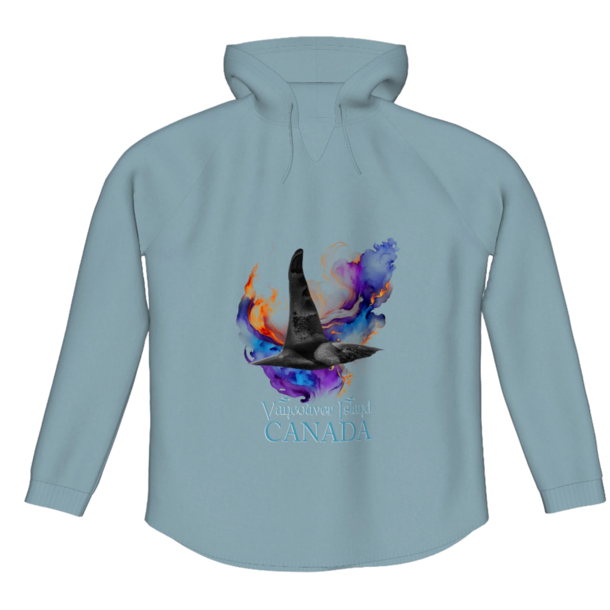 Orca Aura Vancouver Island Canada Flow Pullover Hoodie. The image is of a male orca dorsal fin on a colourful abstract background.  the words read Vancouver Island Canada