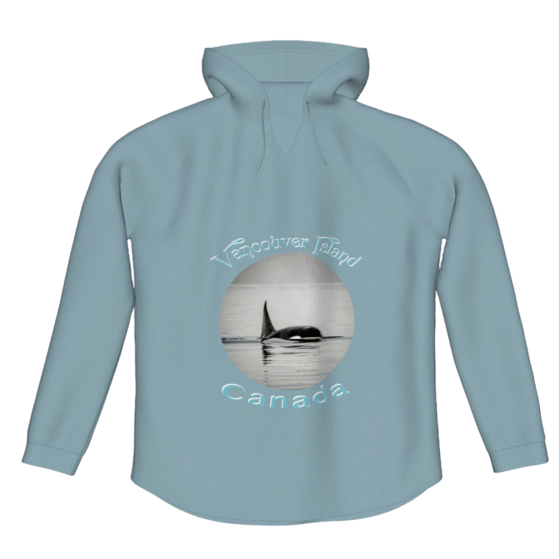 Orca Spray Vancouver Island Canada Flow Pullover Hoodie. The image is of a orca swimming in the johnstone strait. The words read Vancouver Island Canada