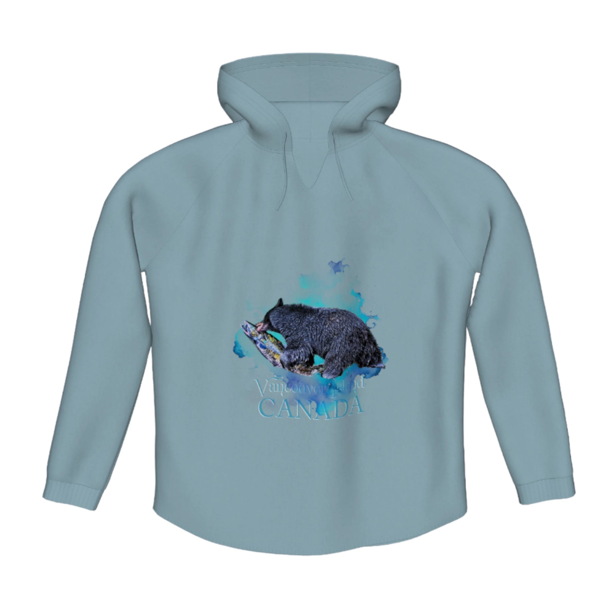 Salmon Bear Vancouver Island Canada Flow Pullover Hoodie. The image is of bear with a fresh salmon in its mouth.