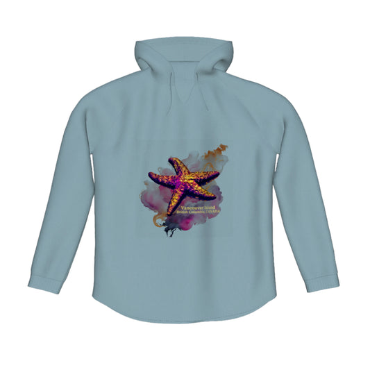 Star Track Vancouver Island BC Canada Flow Pullover Hoodie. The image is of a starfish with a colourful abstract background. The words read Vancouver Island, British Columbia, Canada.