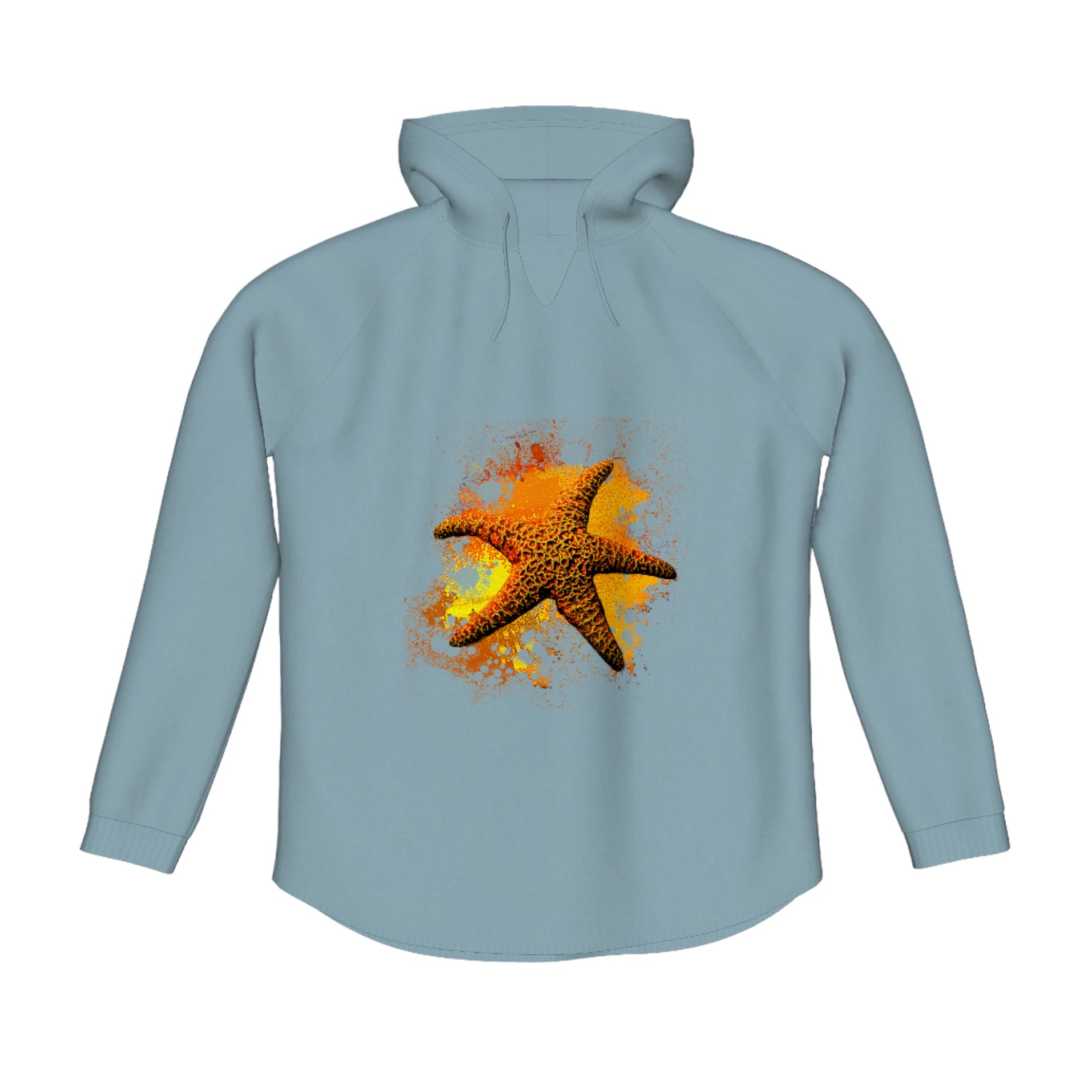 Starfish Orange Flow Pullover Hoodie. The image is of a starfish with a colourful abstract background.