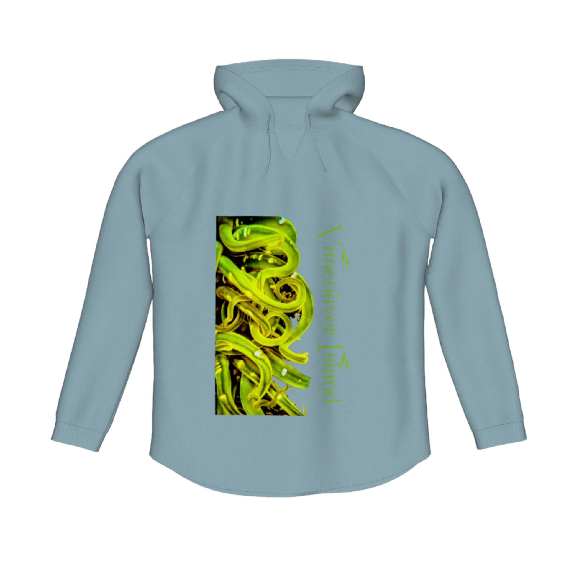 Vancouver Island Sea Anemone Flow Pullover Hoodie. The image is of a green sea anemone underwater at low tide. The words read Vancouver Island.