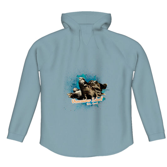 What's Up Sea Lions Vancouver Island Canada Flow Pullover Hoodie. The image is of a group of sea lions on a log raft.  The words read Vancouver Island, BC Canada