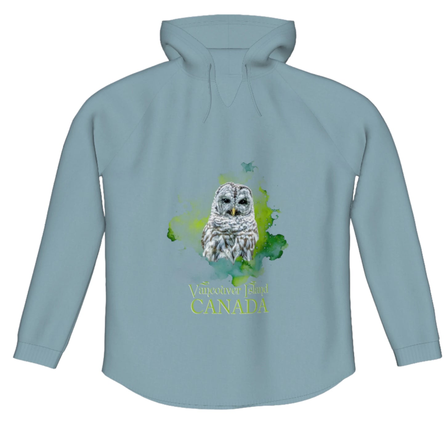 Wise Owl Vancouver Island Canada Flow Pullover Hoodie. The image is of a barred owl with a green colourful abstract background.  The words say Vancouver Island Canada.