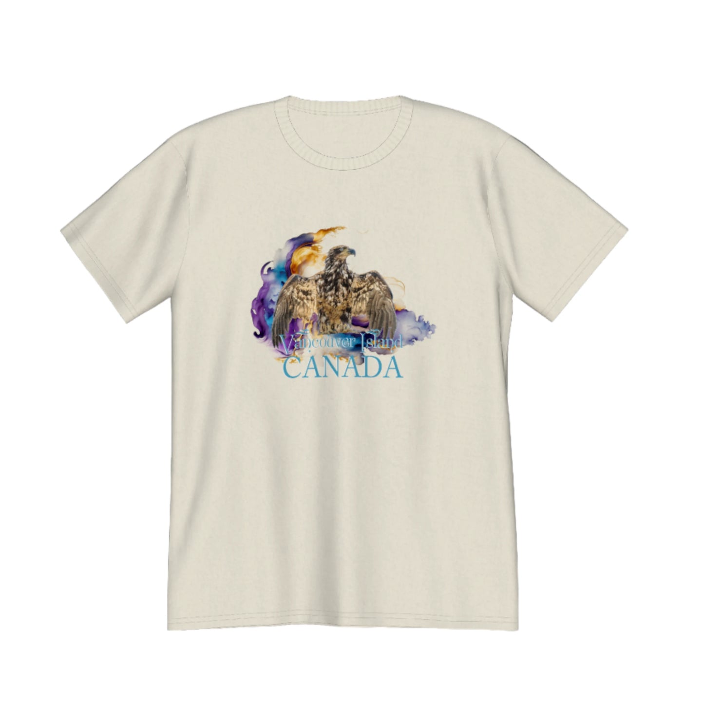 Thunderbird Vancouver Island Canada Premium Unisex T-shirt. The image is of a eagle in the thunderbird position with a colourful abstract background.  The word below the image read Vancouver island, Canada. by van isle goddess dot com