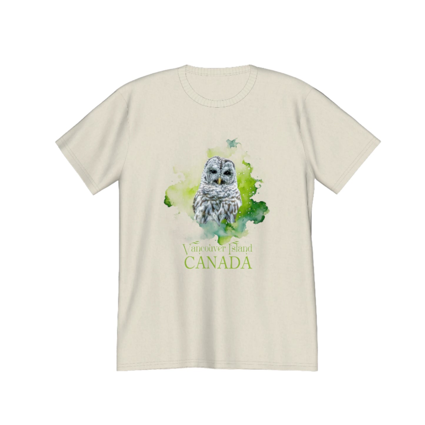 Wise Owl Vancouver Island Canada Premium Unisex T-shirt. The image is of a barred owl close up with a green abstract background. by van isle goddess dot com