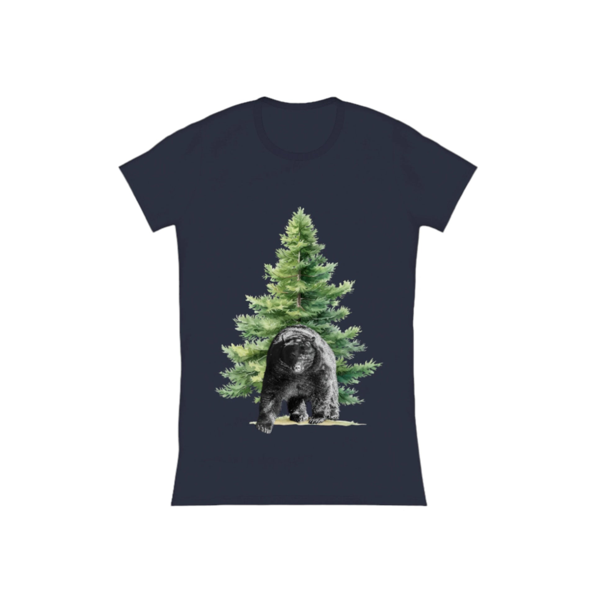 Observant Bear Comfort Slim Fit T-Shirt. The image is of a bear in front of a tree.  by van isle goddess dot com