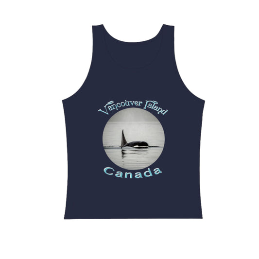 Orca Spray Vancouver island Canada premium unisex tank top in navy.  The image is round and is of an orca exhaling and the misty plume of water sprays as the orca exhales. by van isle goddess dot com