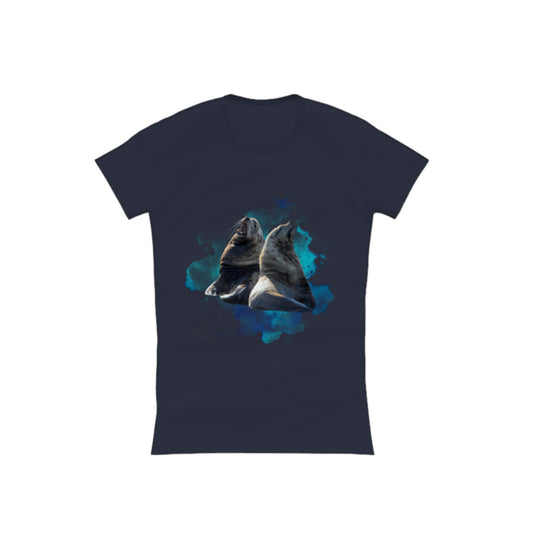 Sea Lions Communication Comfort Slim Fit T-shirt. The image is of two sea lions with a ocean blue abstract background.