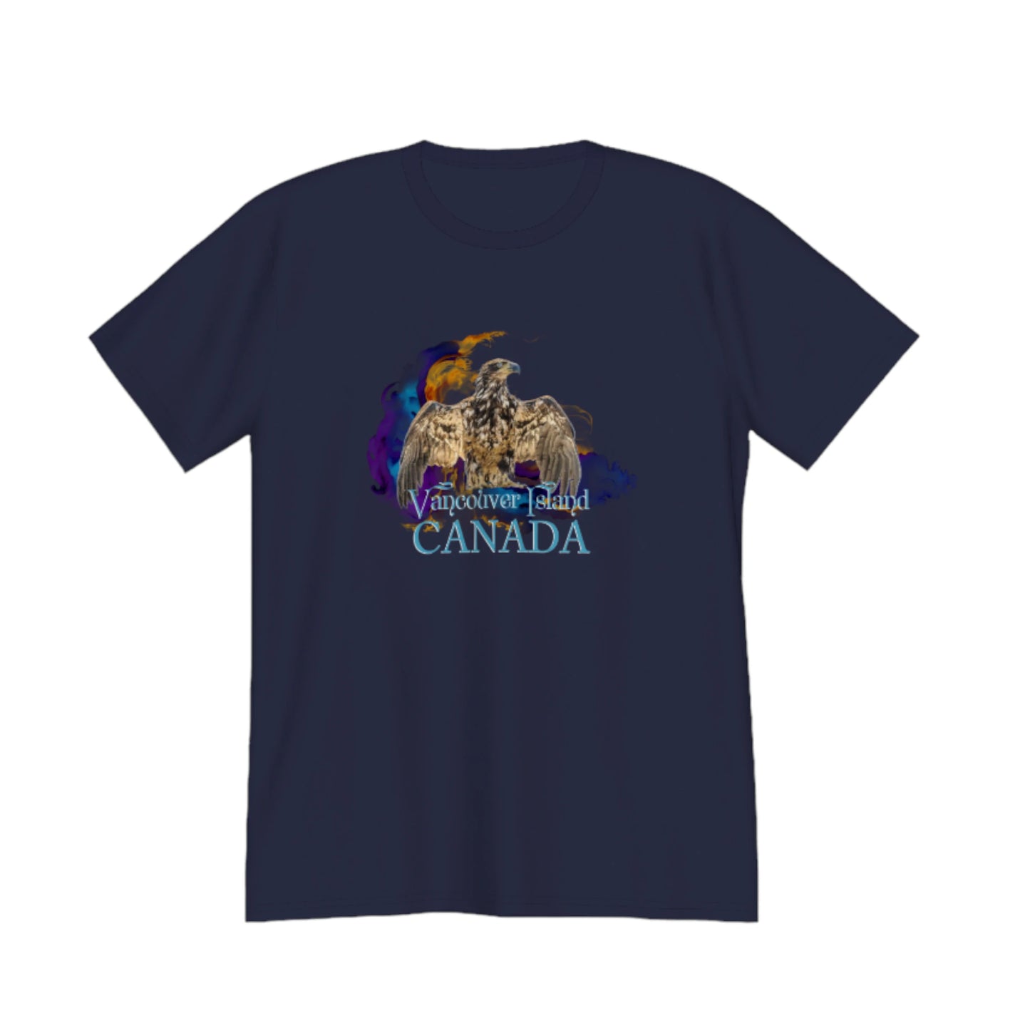 Thunderbird Vancouver Island Canada Premium Unisex T-shirt. The image is of a eagle in the thunderbird position with a colourful abstract background.  The word below the image read Vancouver island, Canada. by van isle goddess dot com