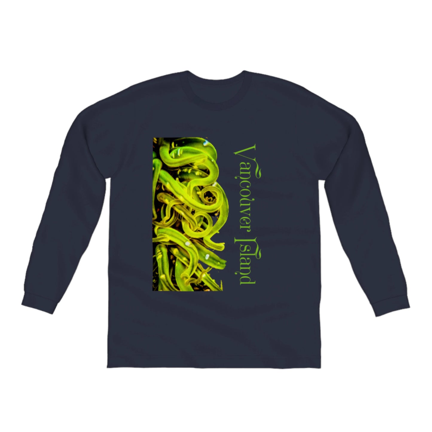 Vancouver Island Sea Anemone Comfort Long Sleeve Unisex T-Shirt. The image is of a green sea anemone with its tentacles swaying in the ocean water at low tide.  The words on the t shirt read Vancouver Island. by van isle goddess dot com
