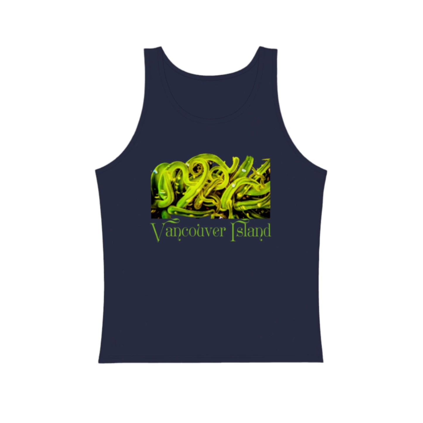 Sea Anemone Vancouver Island premium unisex tank top in naavy.  The green sea anemone is underwater on the front of the top. by van isle goddess dot com