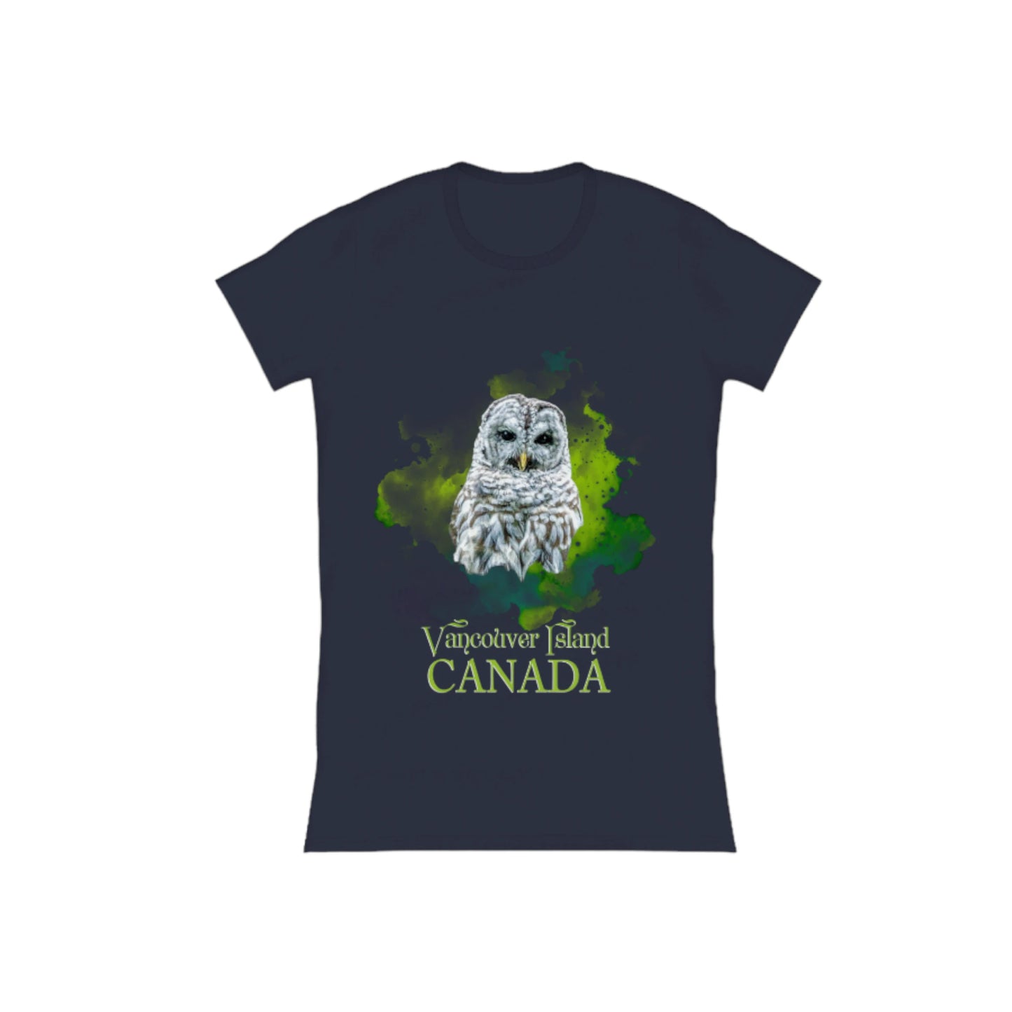 Wise Owl Vancouver Island Canada Comfort Slim Fit T-shirt. the image is of a barred owl with a green abstract background. the words on the front read Vancouver Island Canada