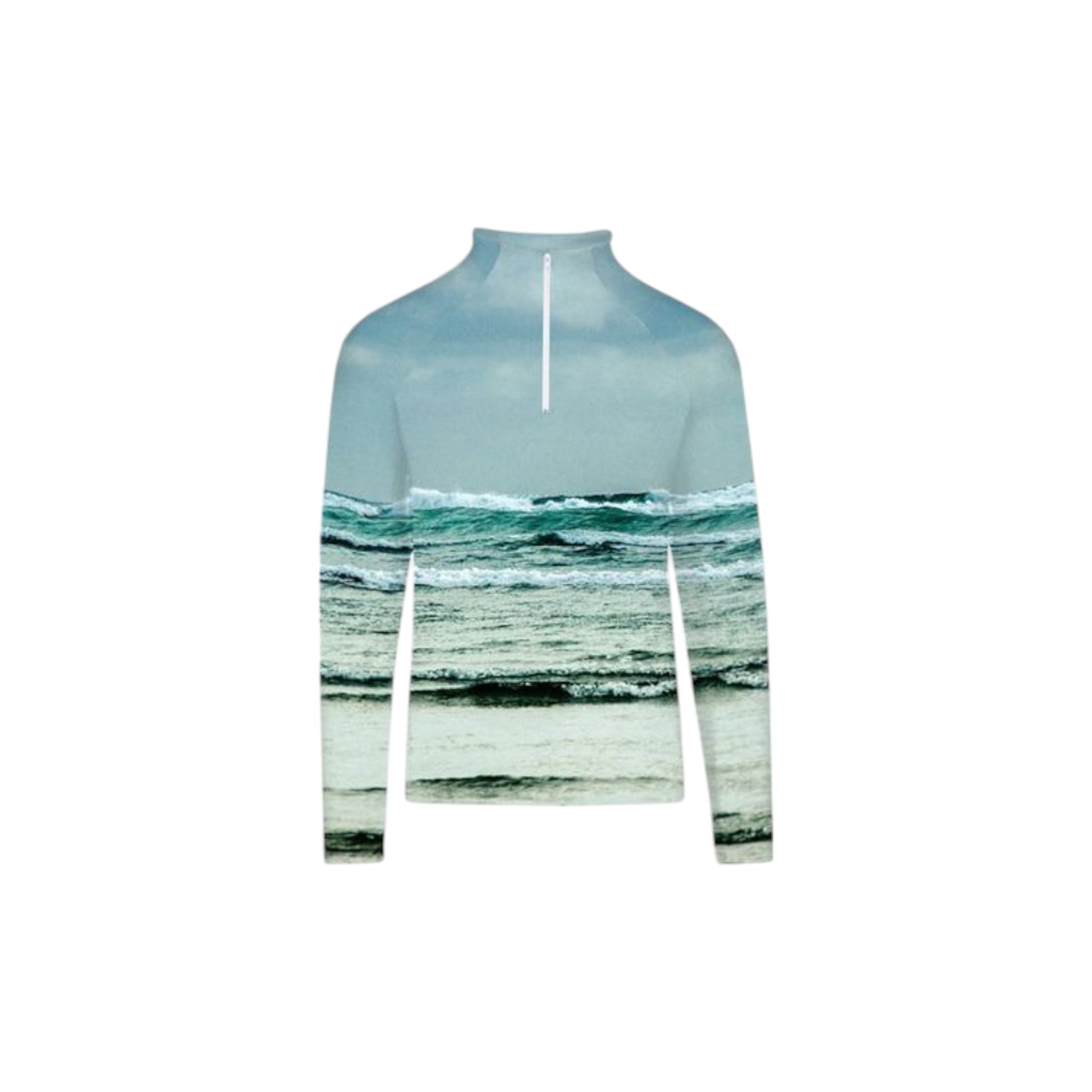 All over print men's activewear long sleeve top with half zipper at the neck.  Image is of the ocean waves at Long Beach, Tofino.