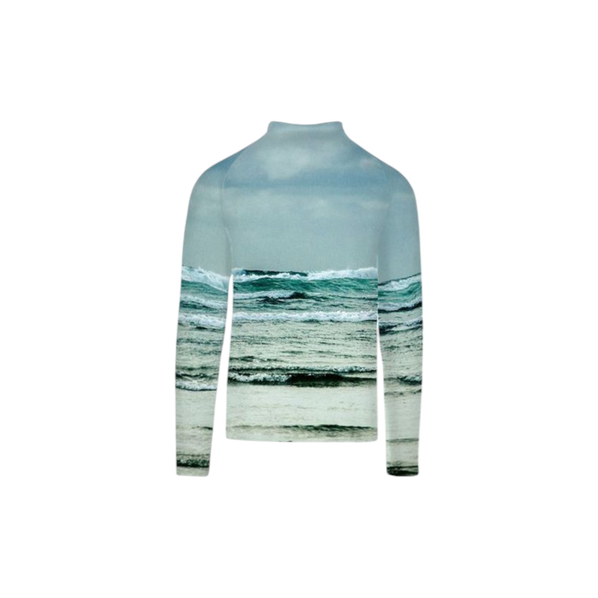 Back side of the All over print men's activewear long sleeve top with half zipper at the neck.  Image is of the ocean waves at Long Beach, Tofino.