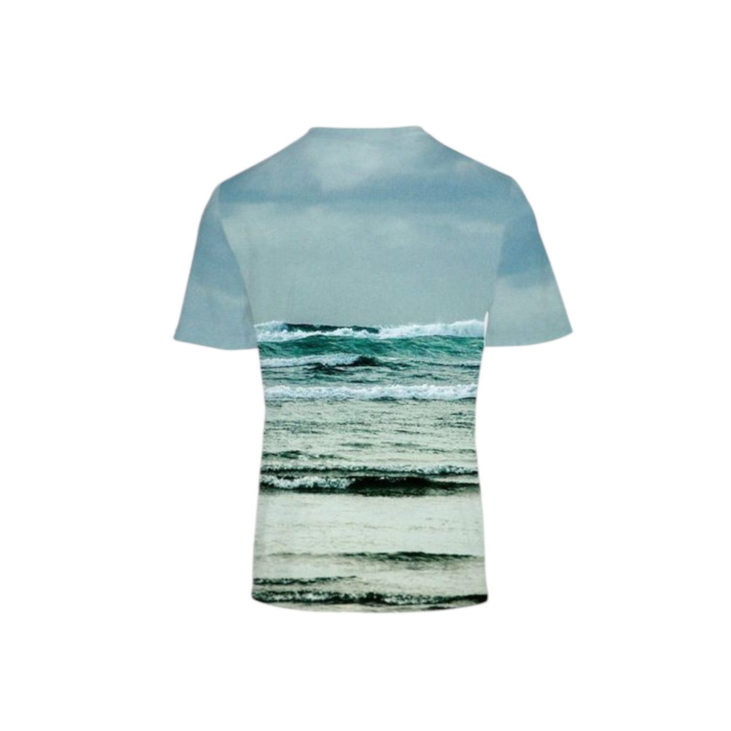 Back side of the All over print men's Vancouver Island t-shirts featuring the ocean waves at Long Beach Tofino.