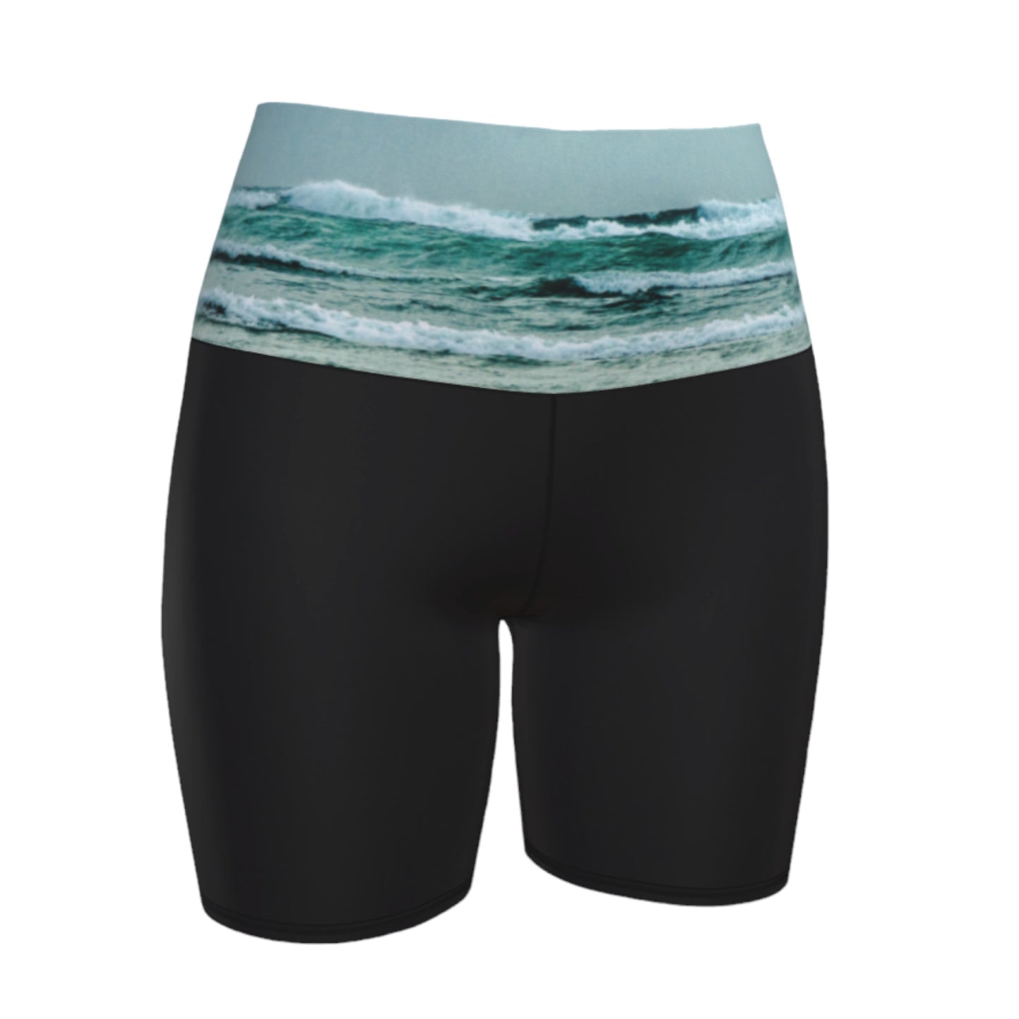 Ocean Calling Long Beach Tofino Yoga shorts.  The image of the ocean waves is printed on the waistband. The rest of the shorts is black.