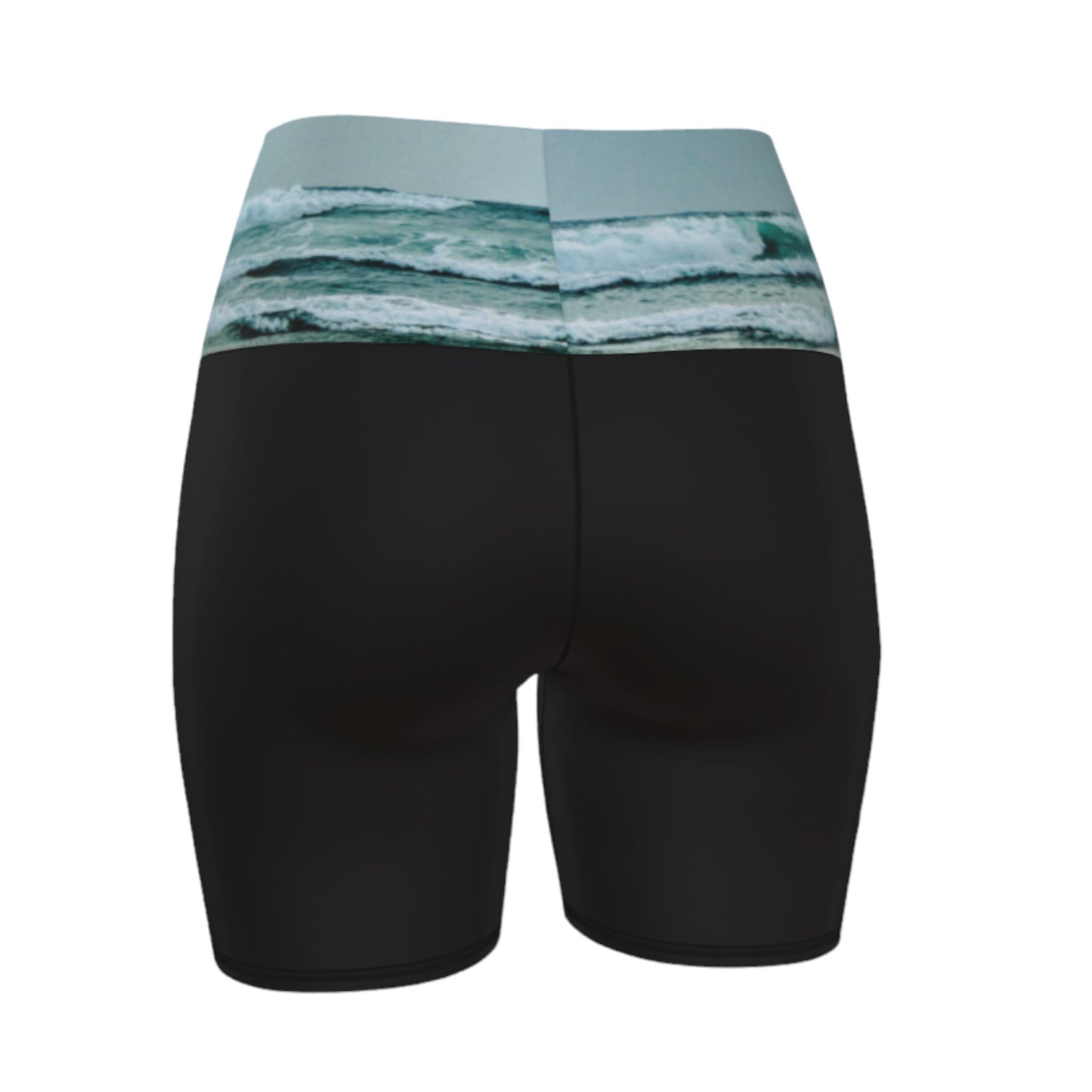 Ocean Calling Long Beach Tofino Yoga shorts.  The image of the ocean waves is printed on the waistband. The rest of the shorts is black.