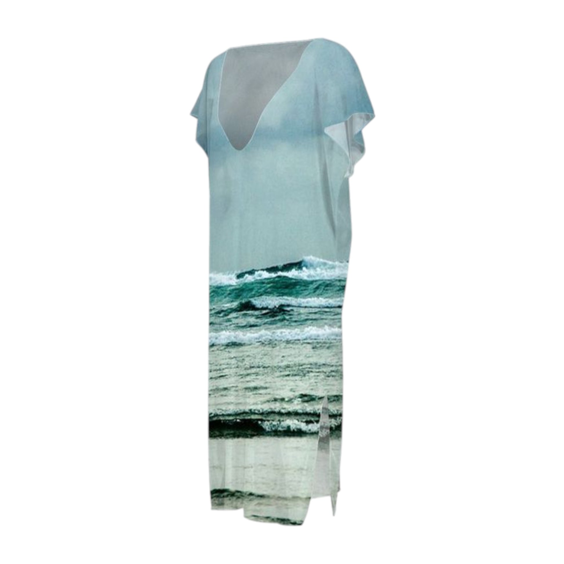 All over print below the knee beach dress featuring the ocean waves of Tofino.