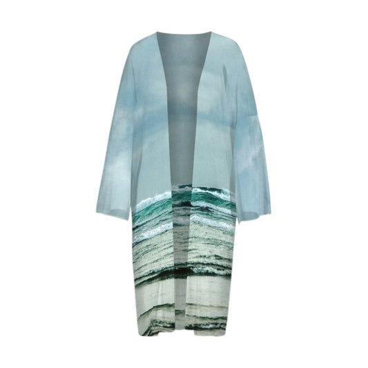 All over print long sleeve kimono featuring the ocean waves at Long Beach Tofino.