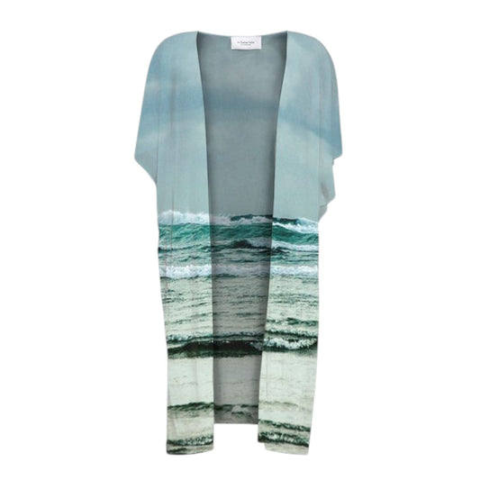 All over print short sleeve kimono wrap image is of the ocean waves at Long Beach in Tofino.