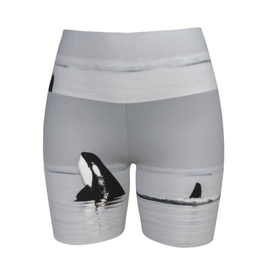 Orca Spy Hop Yoga Shorts is all over printed with a image of a orca in the spy hop position which is where they hover out of the water to look around.  