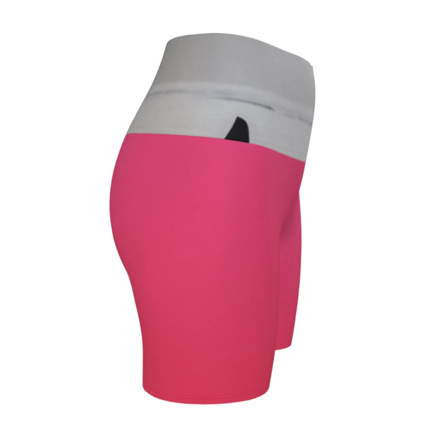 The image Orca spy hop is printed on the waistband of the yoga shorts.  The rest of the shorts is pink.