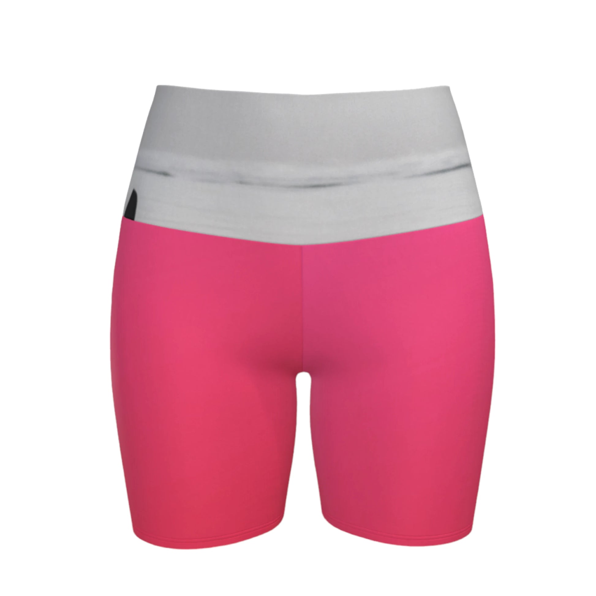 The image Orca spy hop is printed on the waistband of the yoga shorts.  The rest of the shorts is pink.