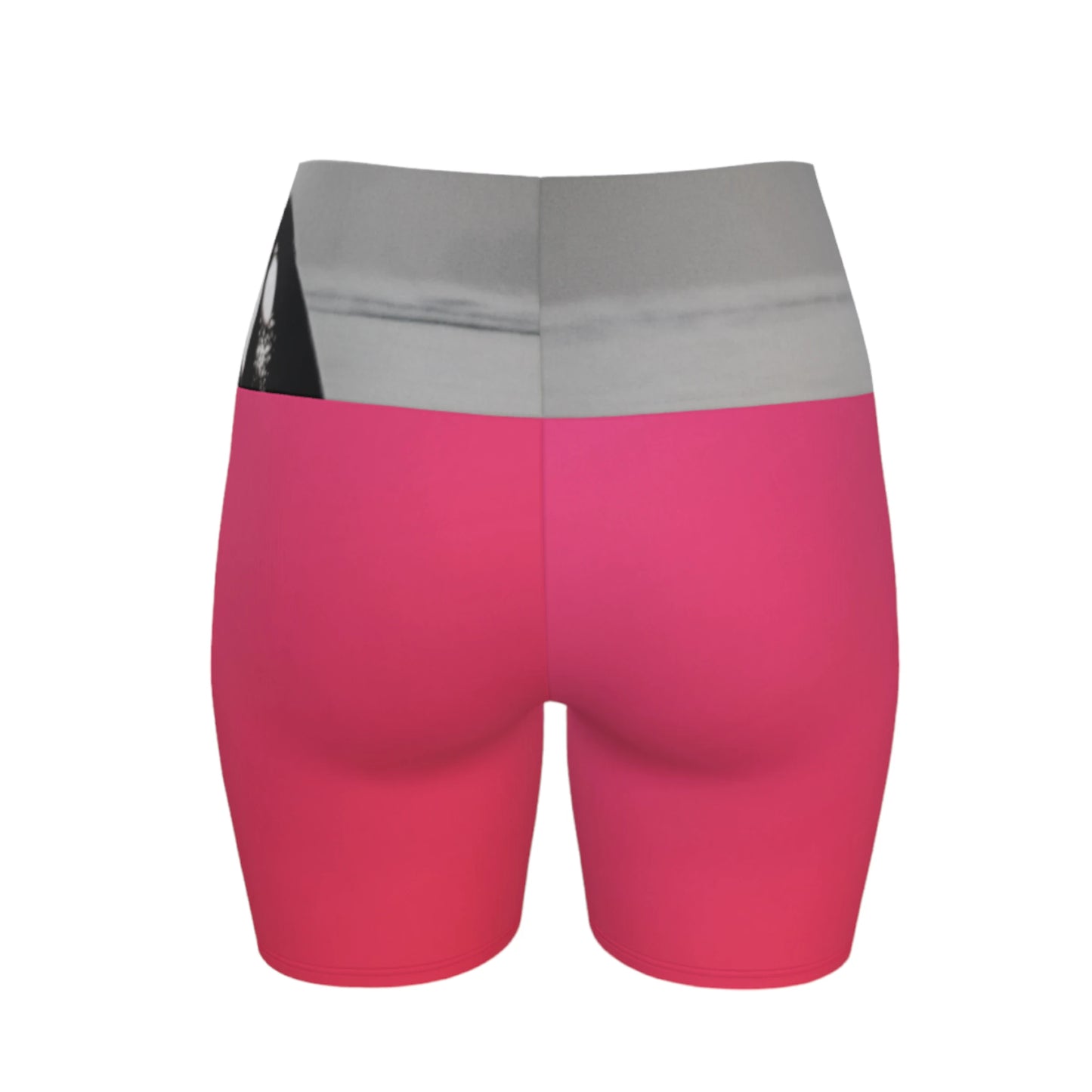 The image Orca spy hop is printed on the waistband of the yoga shorts.  The rest of the shorts is pink.