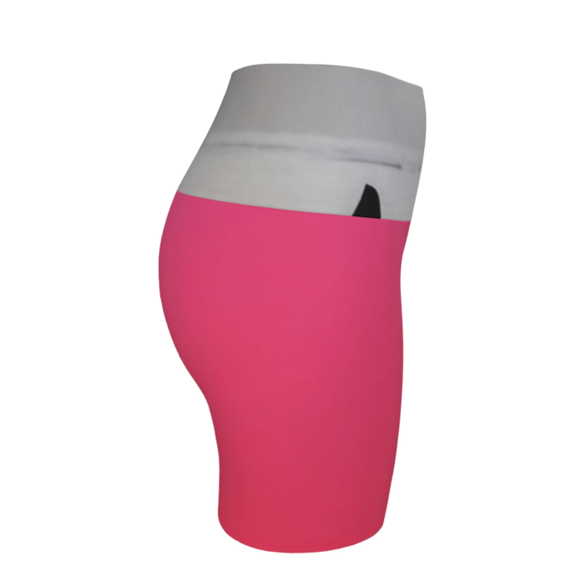 The image Orca spy hop is printed on the waistband of the yoga shorts.  The rest of the shorts is pink.