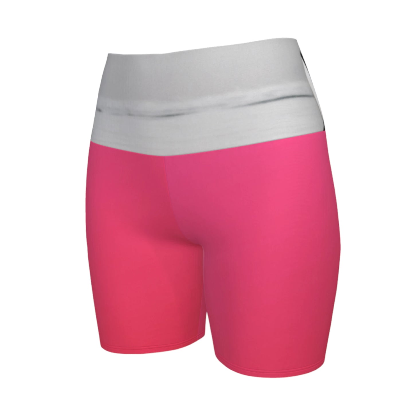 The image Orca spy hop is printed on the waistband of the yoga shorts.  The rest of the shorts is pink.