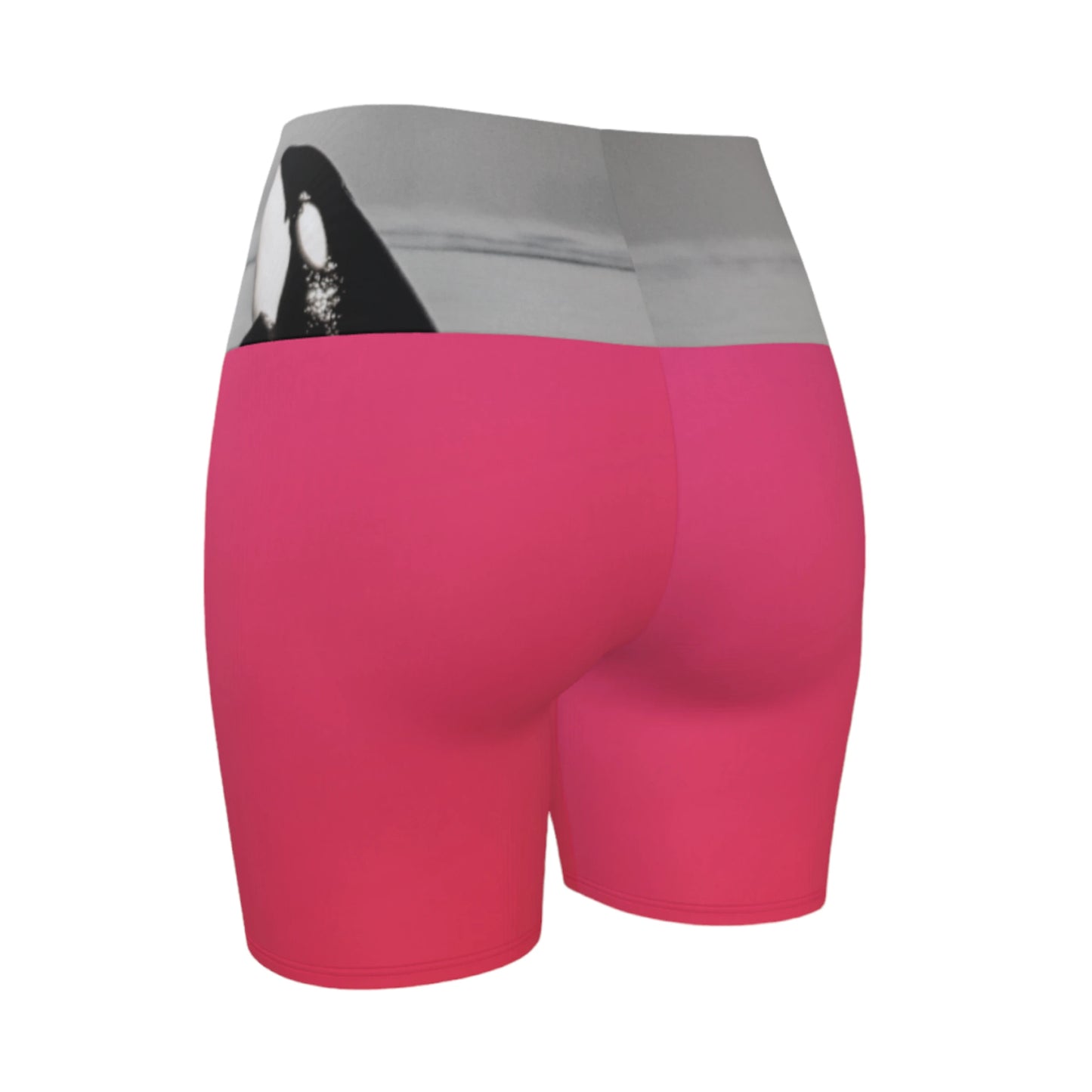 The image Orca spy hop is printed on the waistband of the yoga shorts.  The rest of the shorts is pink.