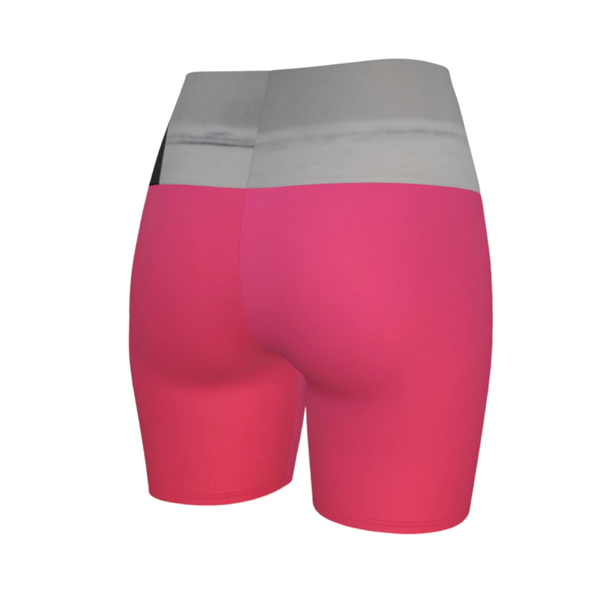 The image Orca spy hop is printed on the waistband of the yoga shorts.  The rest of the shorts is pink.