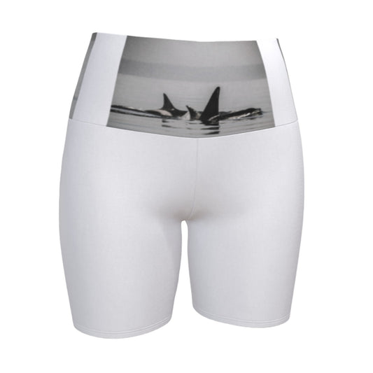 Orca Triptych Yoga Shorts!  Made with three stunning orca images printed on the waistband of the yoga shorts.  The rest of the shorts are white.