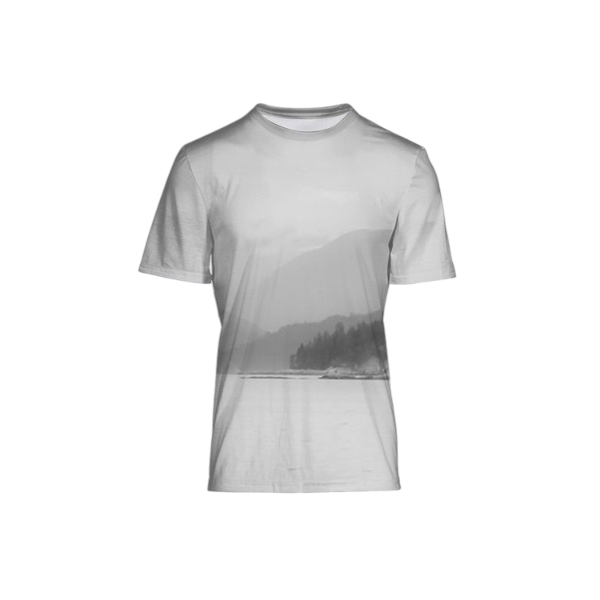 All over printed men's tshirt. the image is of a misty day on the ocean from Quadra Island.