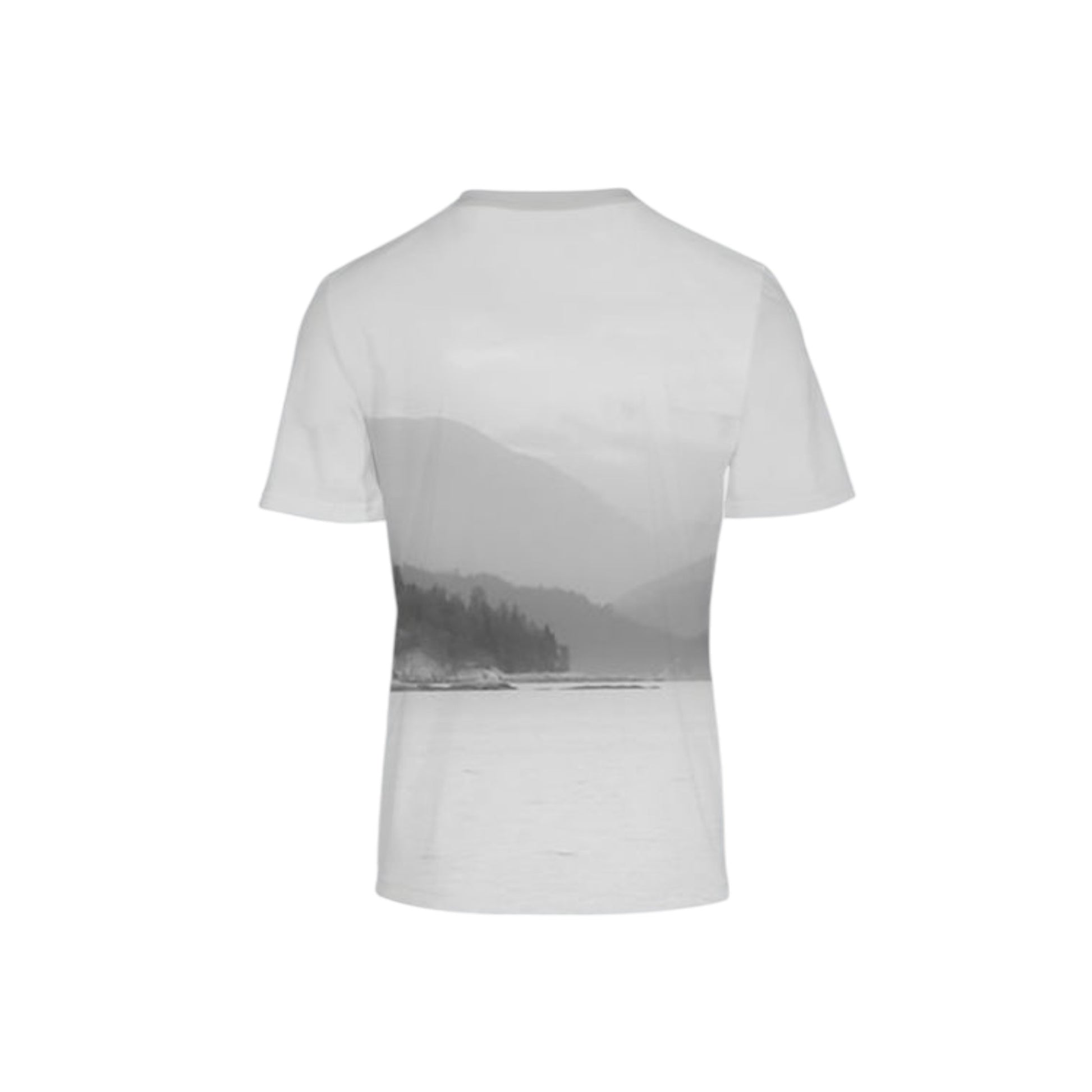 Back side of the All over printed men's tshirt. the image is of a misty day on the ocean from Quadra Island.