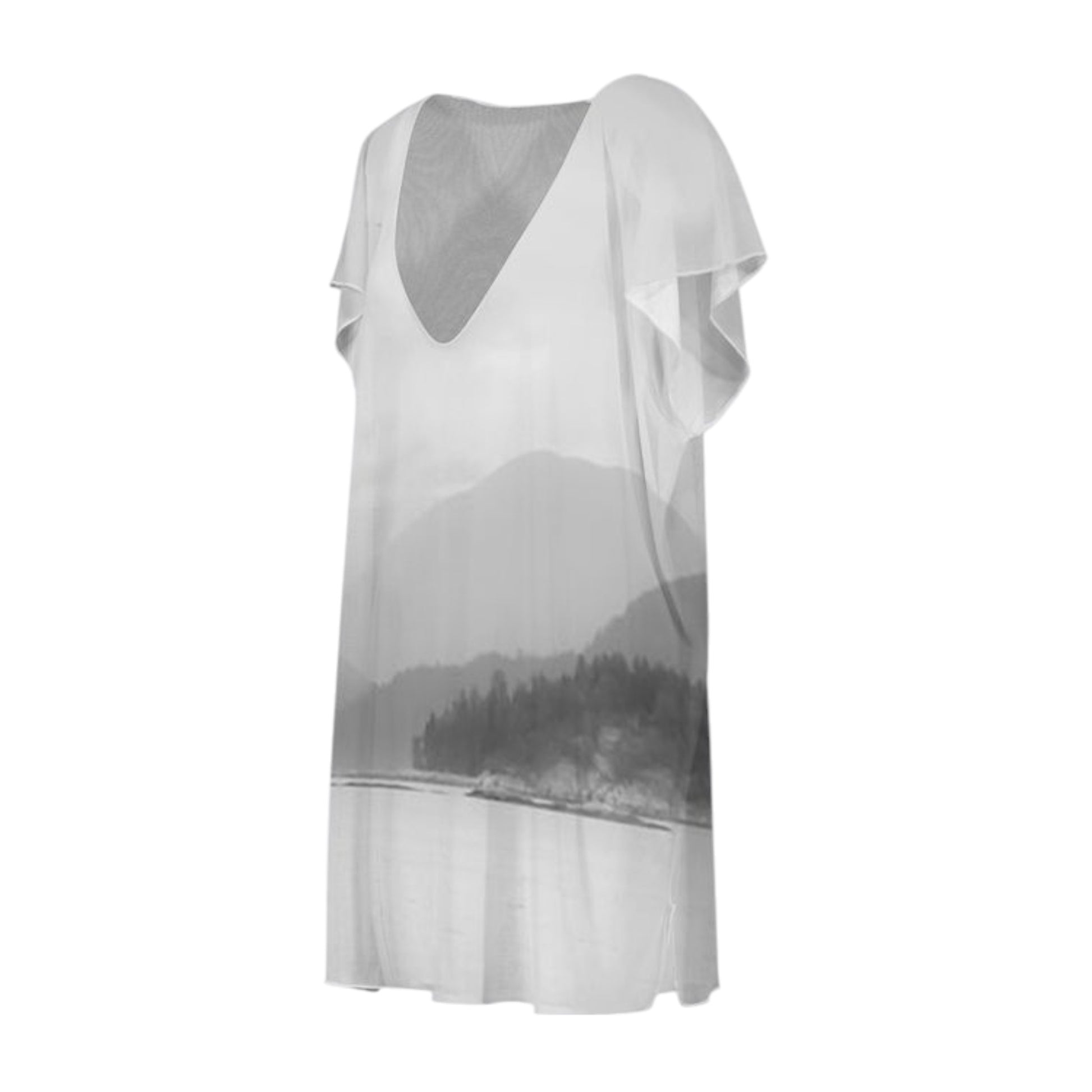 All over print beach dress with a soft misty grey scenery of the view from Quadra Island.