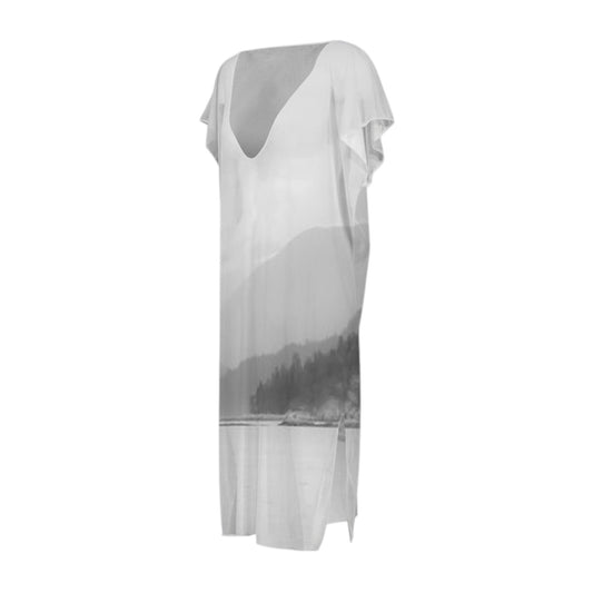 All over print below the knee beach dress featuring the view from Quadra Island.