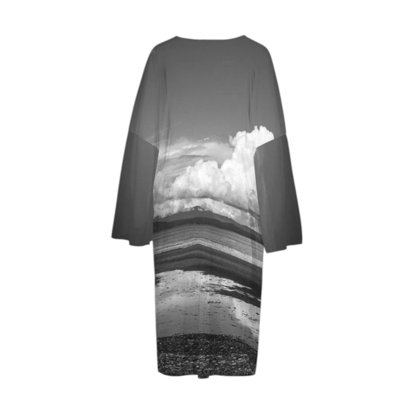 Back side All over print long sleeve kimono featuring a image of Parksville Beach.