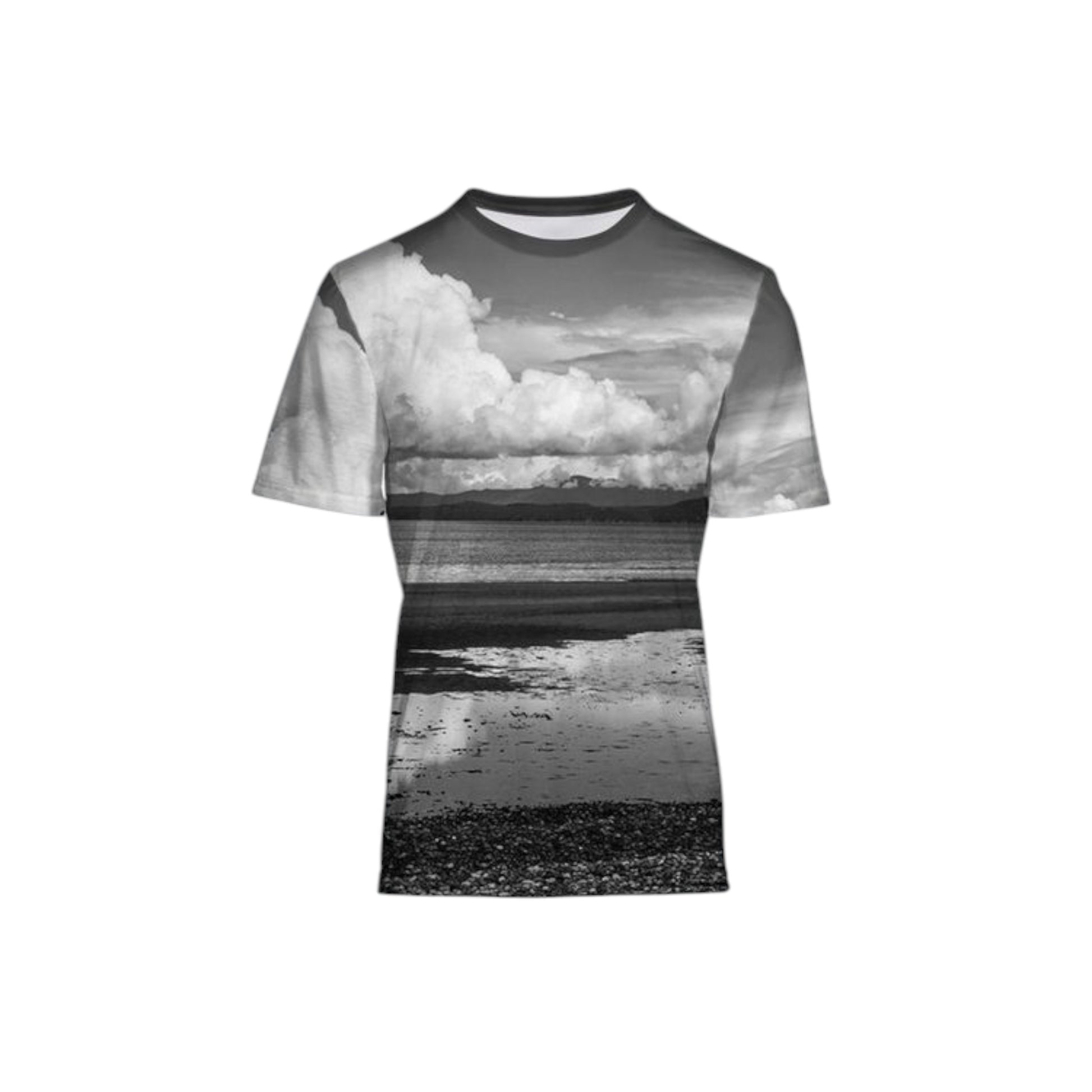 all over print men's tshirt image is of a black and white of the beach at Parksville