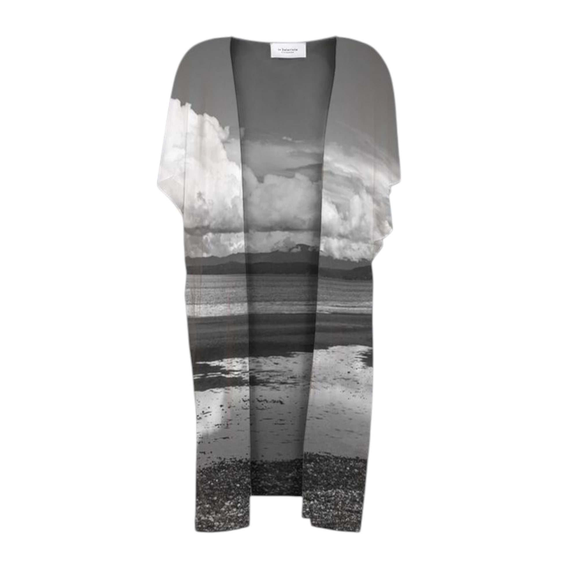 All over print short sleeve kimono wrap image is of Parksville Beach in black and white.