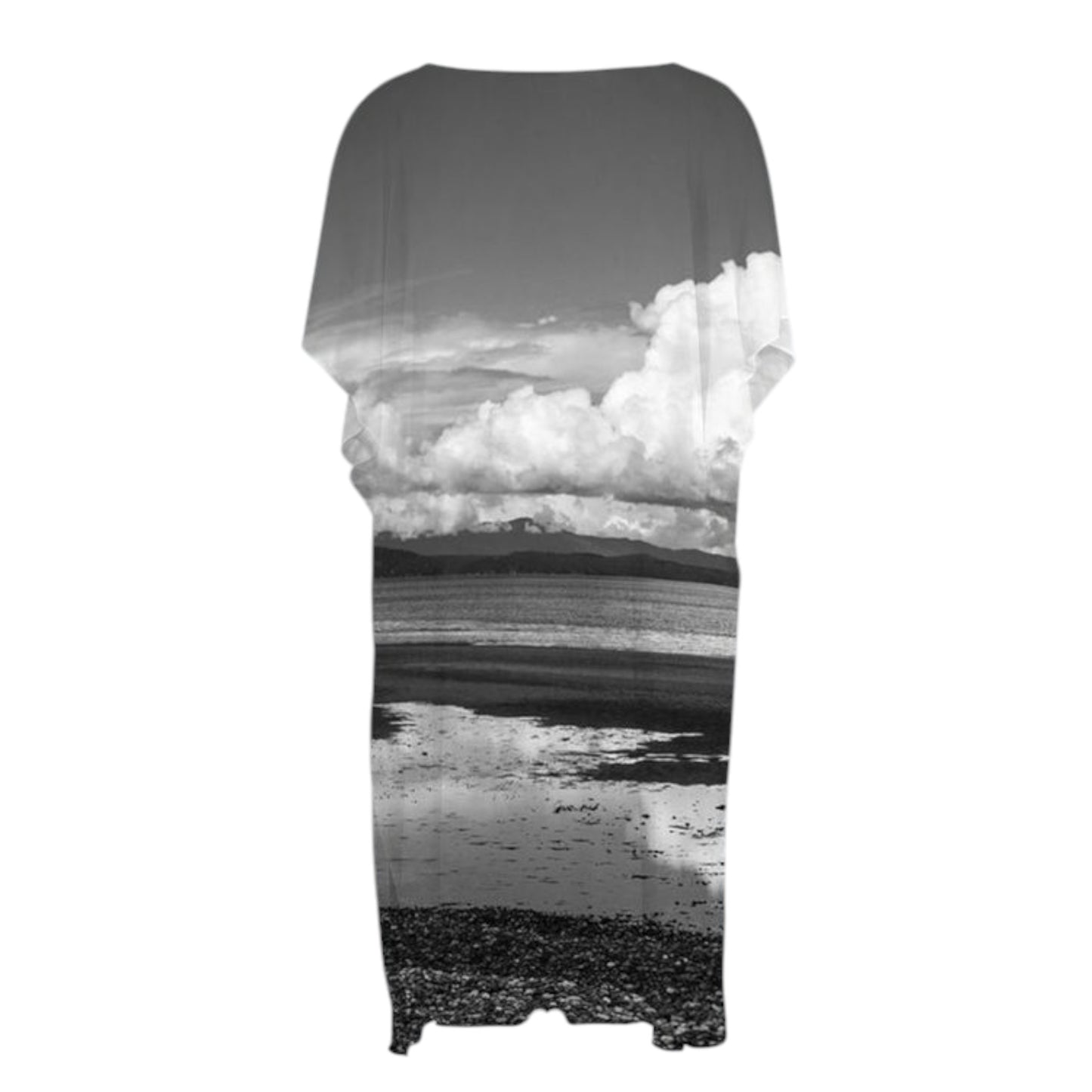 Reverse side All over print short sleeve kimono wrap image is of Parksville Beach in black and white.