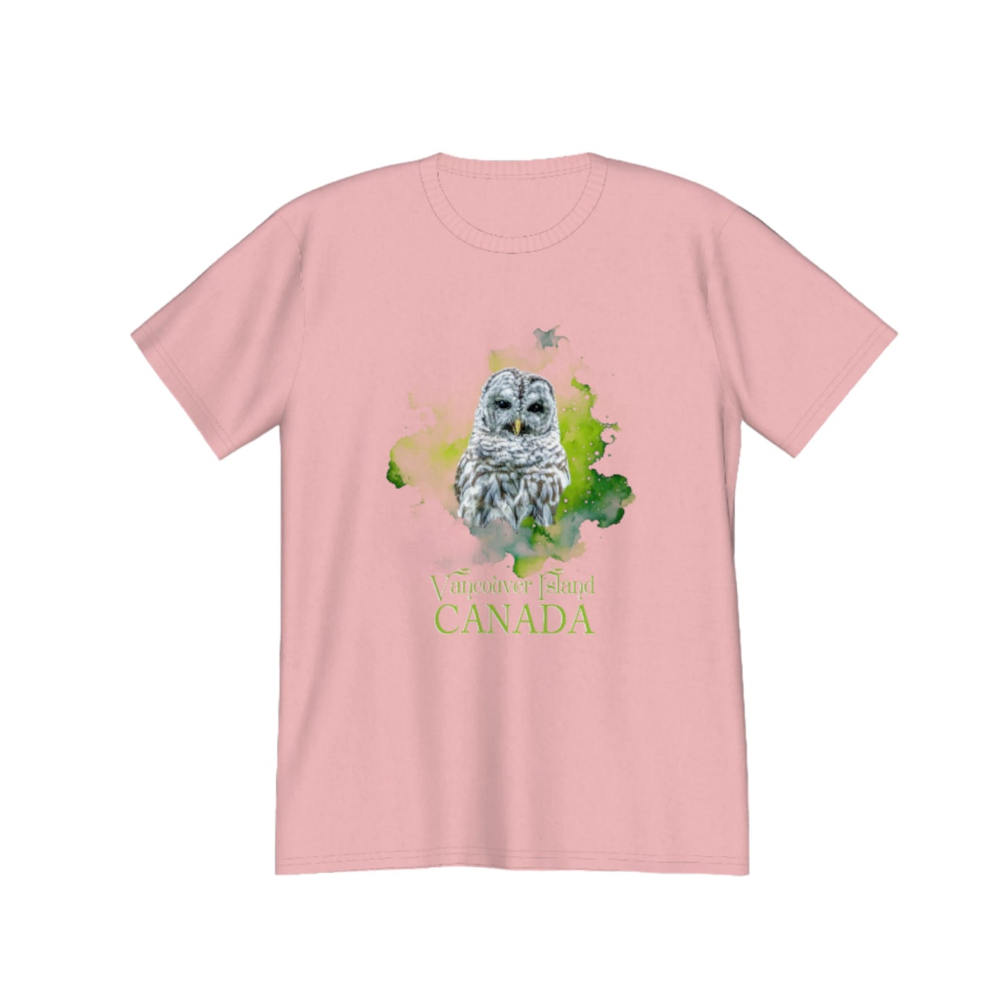 Wise Owl Vancouver Island Canada Premium Unisex T-shirt. The image is of a barred owl close up with a green abstract background. by van isle goddess dot com