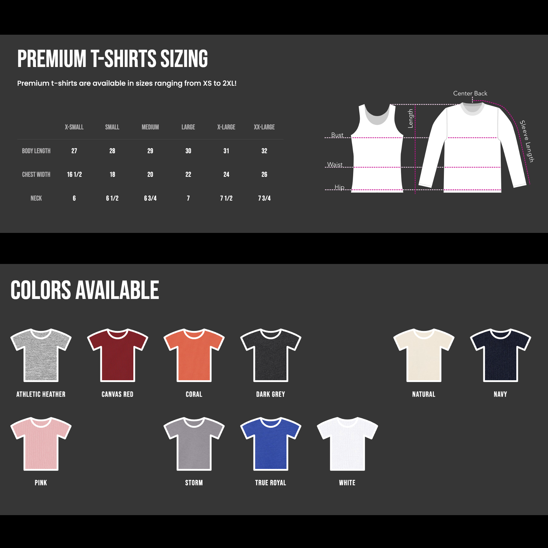 premium unisex tshirt size chart