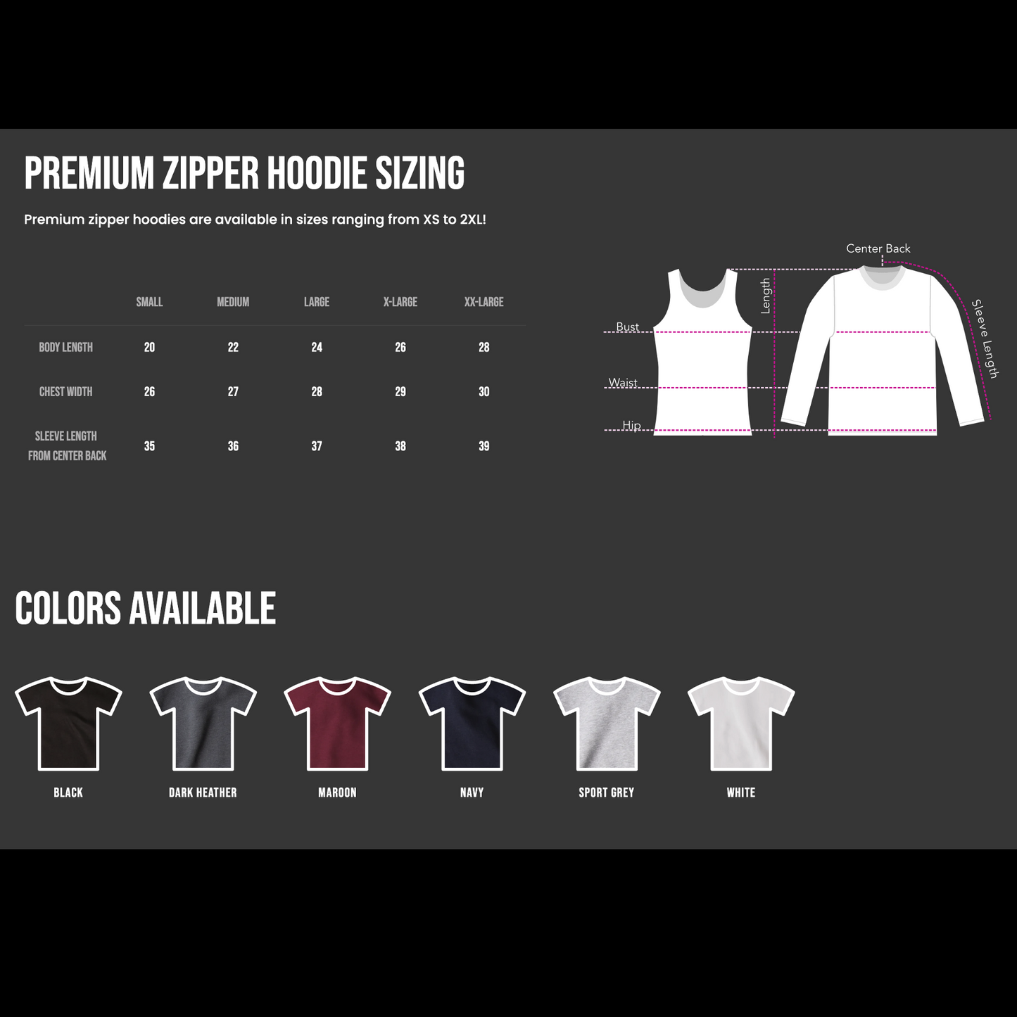 premium zipper hoodie size chart