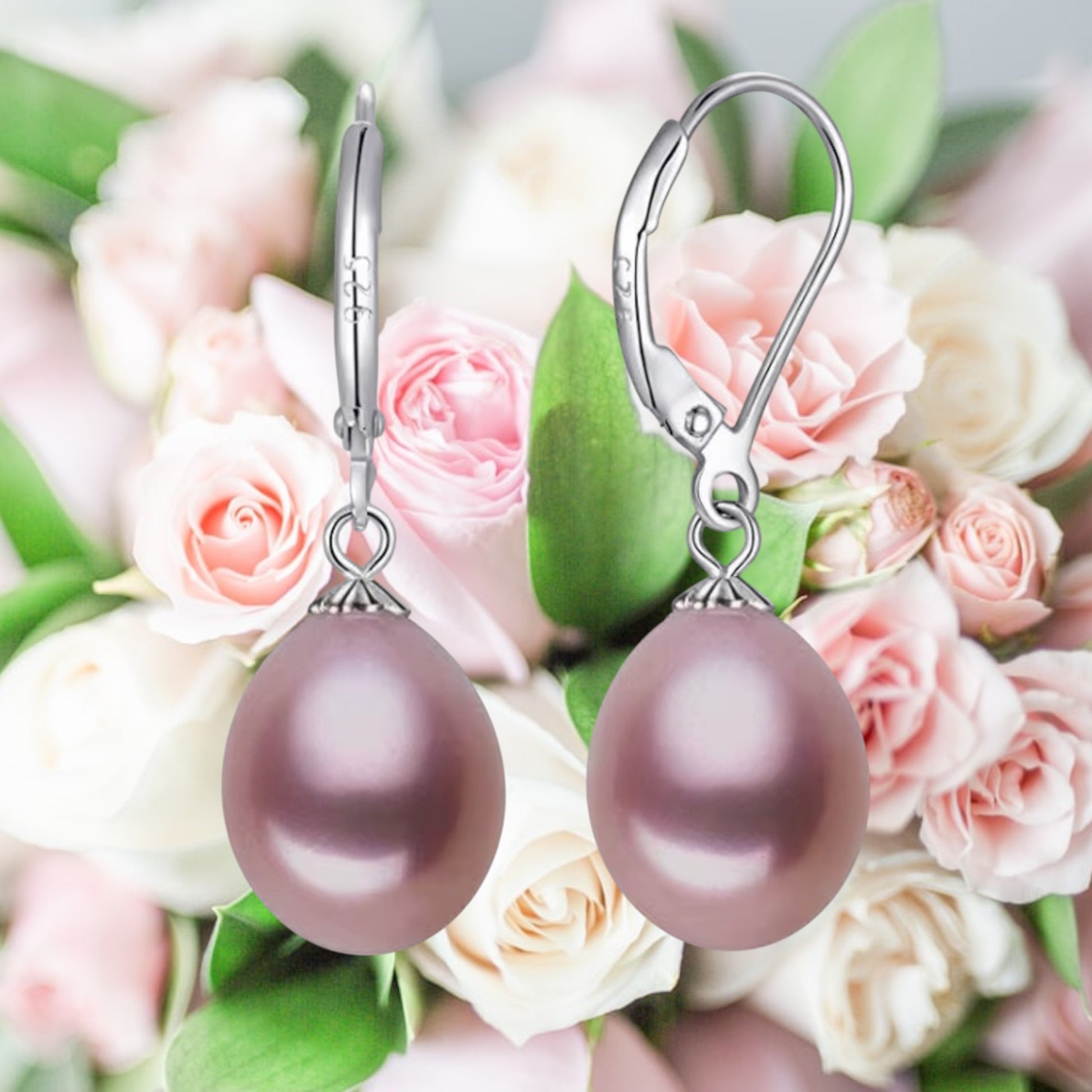 Purple Pearl earrings with leverback clasp.